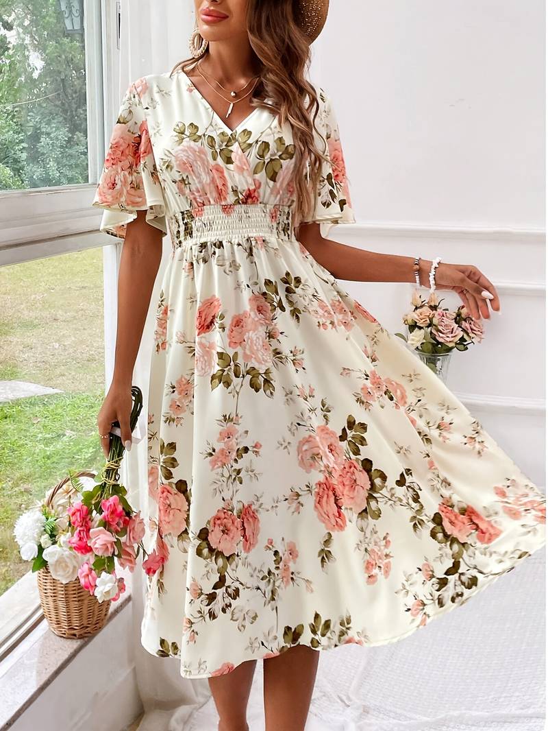 Variant image for Damen A-Linien Kleid V-Ausschnitt mit Rüschenärmeln aus 100% Polyester für Abendveranstaltungen und Sommeranlässe-1