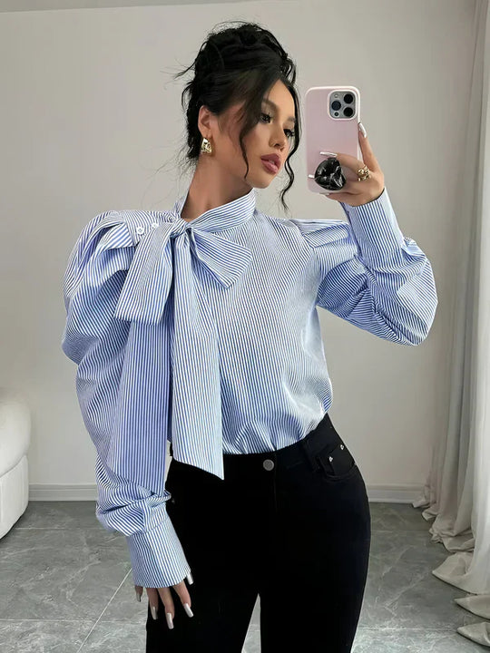 Damen Hemdbluse Gestreift mit Schleifendetail aus Baumwolle-4
