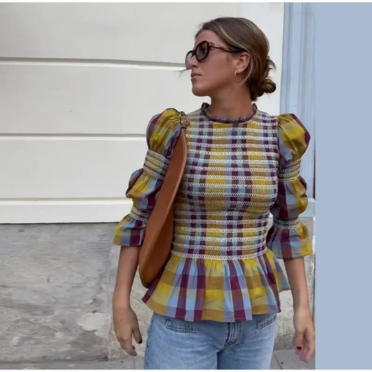 Damen kariertes T-Shirt mit Puffärmeln