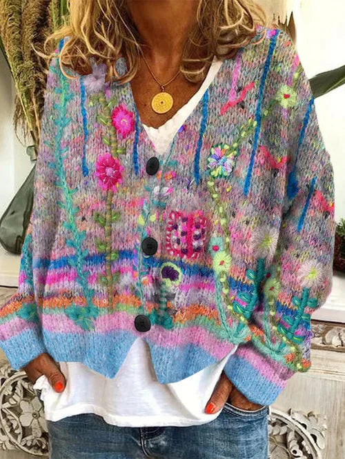 Variant image for Damen Cardigan Retro-Stil Wollflanell mit Verspieltem Print-8