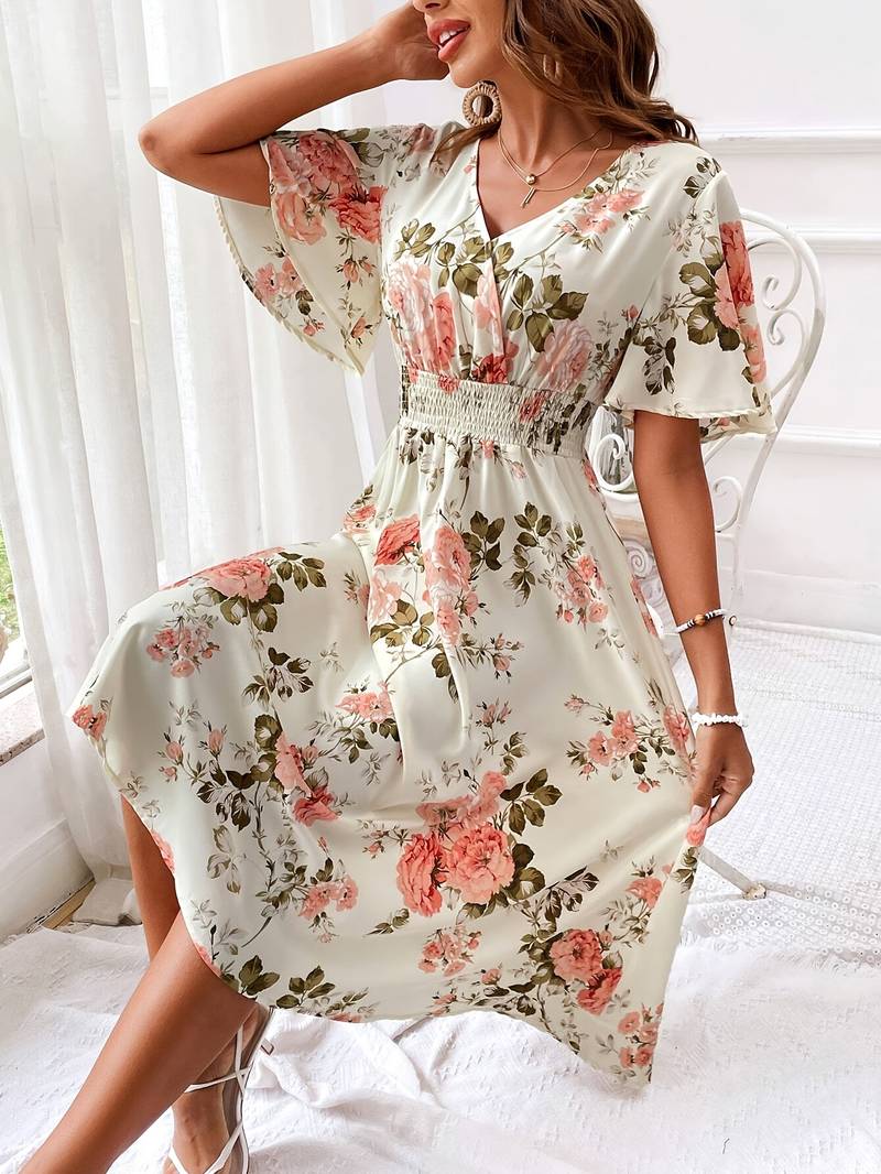 Damen A-Linien Kleid V-Ausschnitt mit Rüschenärmeln aus 100% Polyester für Abendveranstaltungen und Sommeranlässe-5