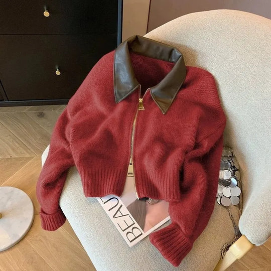 Strickpullover mit Ledercollier für Damen