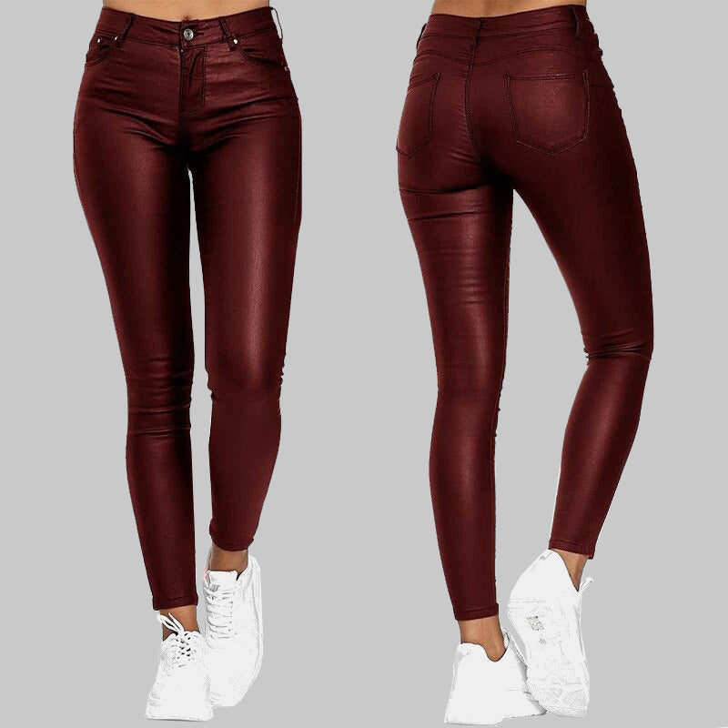 Damen Lederhose Hohe Taille Stretch Kunstleder 2