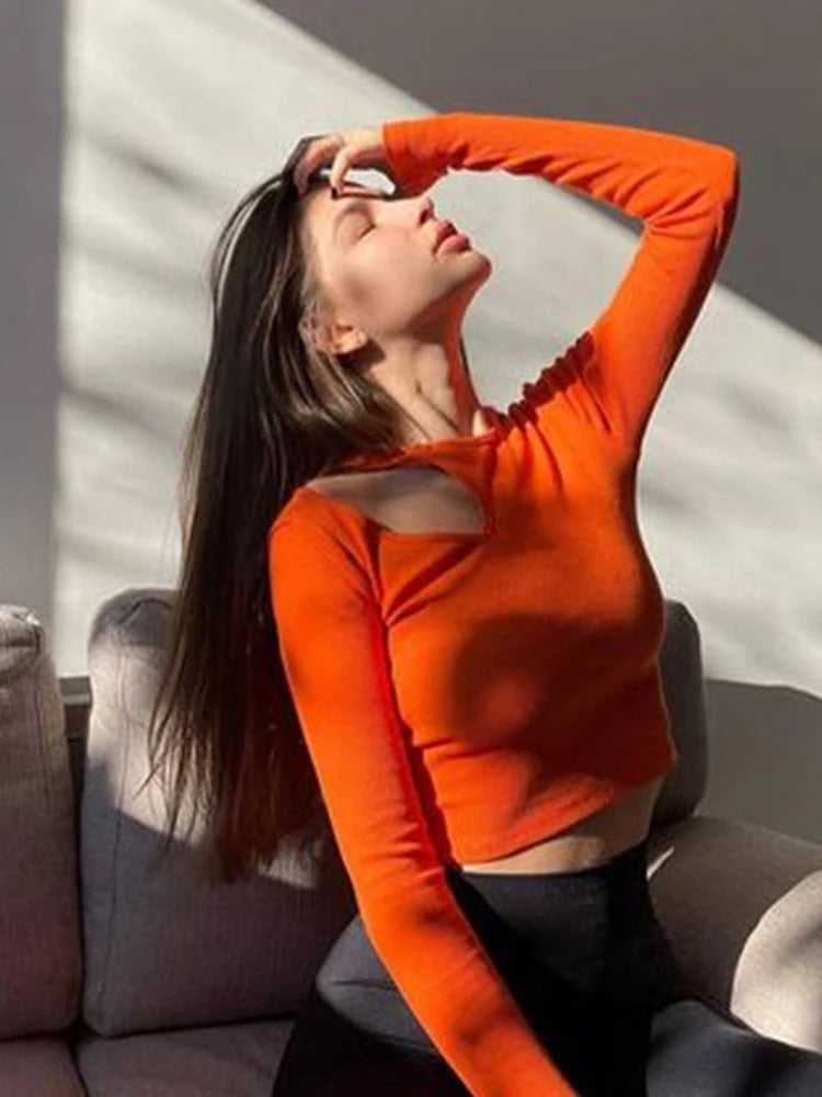 Langärmeliges Crop-Top aus Rippenstrick für Frauen