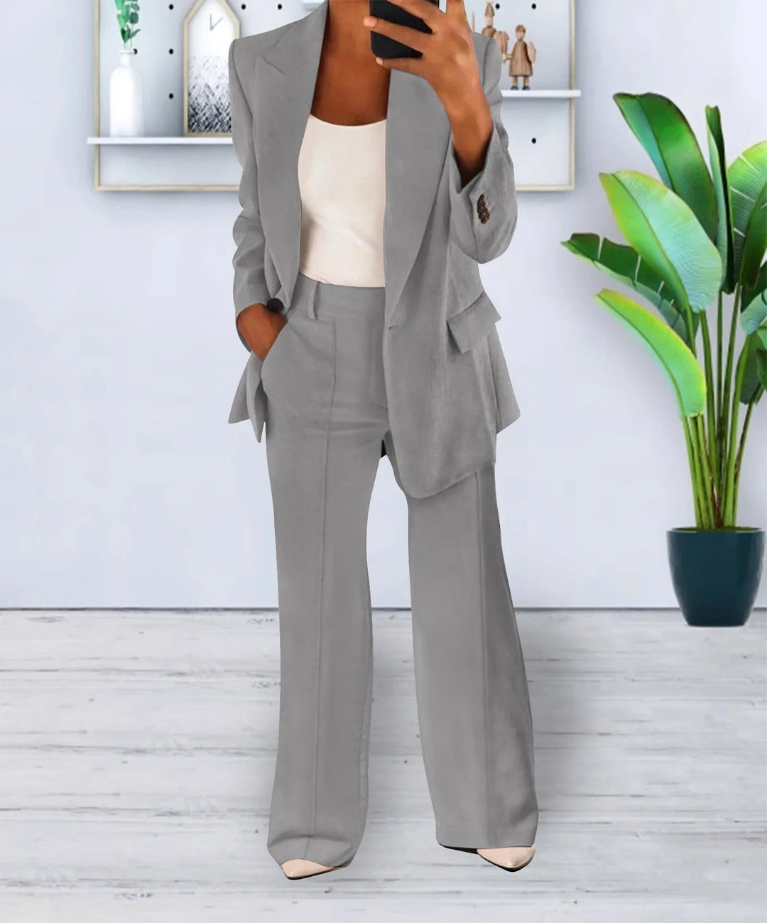 Variant image for Damenanzug Blazer Set Schwarz Elegant Weite Hosen Polyester-4