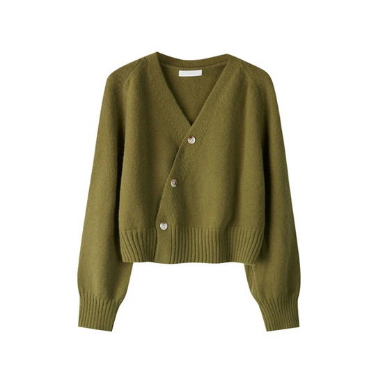 Damen-Strickjacke mit V-Ausschnitt und diagonalem Knopf